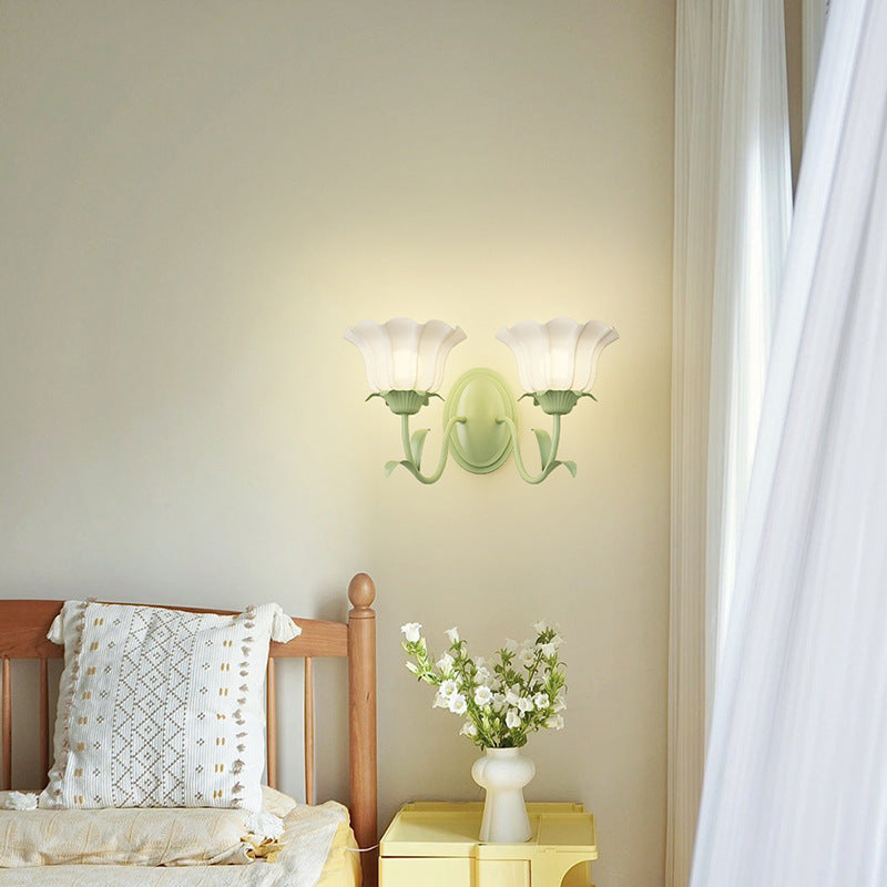 Traditional French Glass Iron Flower Leaf 1/2 Light LED Wall Sconce Lamp For Bedroom & Living Room