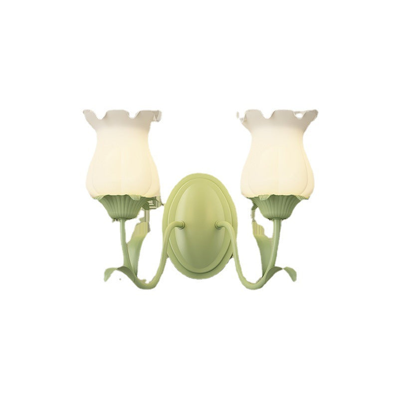 Traditional French Glass Iron Flower Leaf 1/2 Light LED Wall Sconce Lamp For Bedroom & Living Room