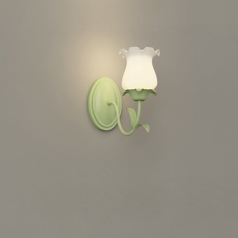 Traditional French Glass Iron Flower Leaf 1/2 Light LED Wall Sconce Lamp For Bedroom &amp; Living Room