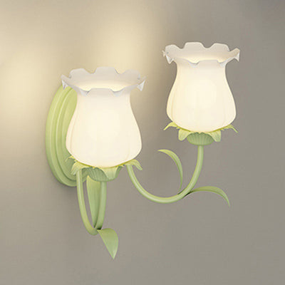 Traditional French Glass Iron Flower Leaf 1/2 Light LED Wall Sconce Lamp For Bedroom & Living Room