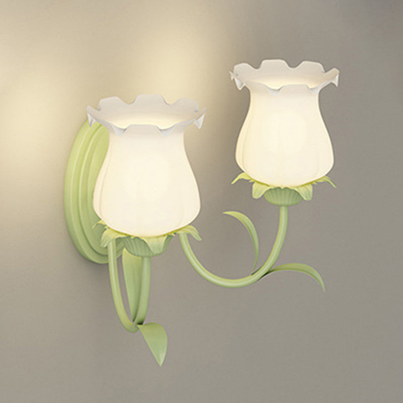Traditional French Glass Iron Flower Leaf 1/2 Light LED Wall Sconce Lamp For Bedroom & Living Room