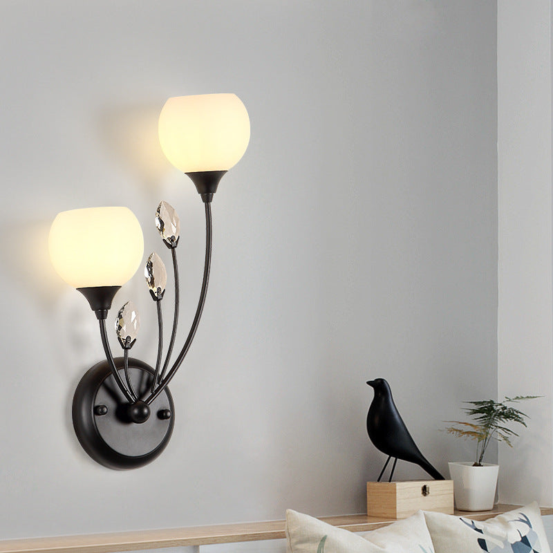 Traditional Farmhouse Glass Crystal Iron Round Leaf 1/2-Light Wall Sconce Lamp For Bedroom And Living Room