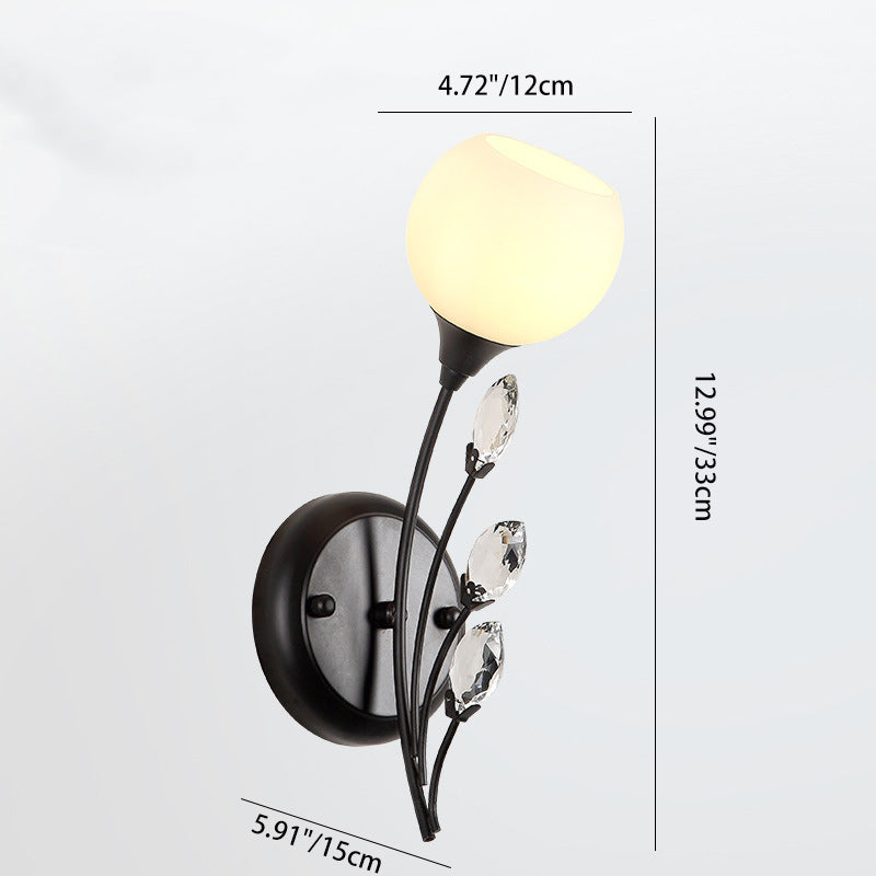Traditional Farmhouse Glass Crystal Iron Round Leaf 1/2-Light Wall Sconce Lamp For Bedroom And Living Room