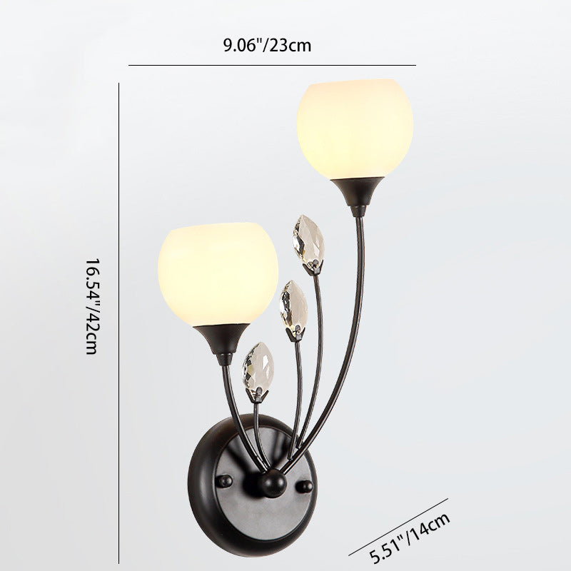 Traditional Farmhouse Glass Crystal Iron Round Leaf 1/2-Light Wall Sconce Lamp For Bedroom And Living Room