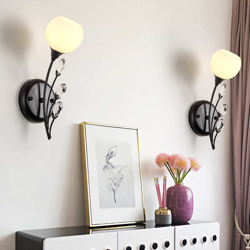 Traditional Farmhouse Glass Crystal Iron Round Leaf 1/2-Light Wall Sconce Lamp For Bedroom And Living Room