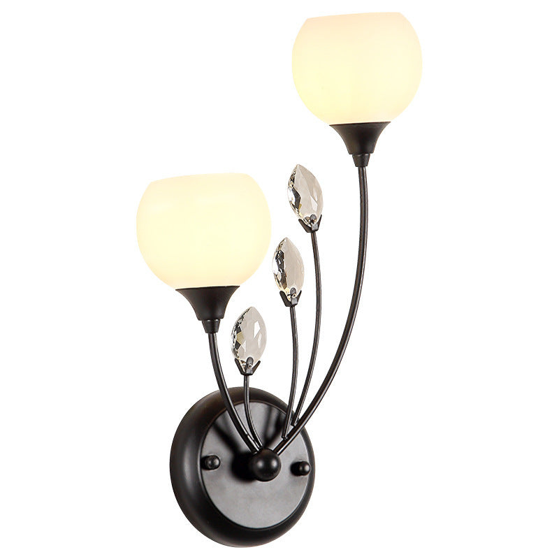 Traditional Farmhouse Glass Crystal Iron Round Leaf 1/2-Light Wall Sconce Lamp For Bedroom And Living Room