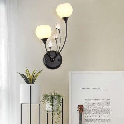 Traditional Farmhouse Glass Crystal Iron Round Leaf 1/2-Light Wall Sconce Lamp For Bedroom And Living Room
