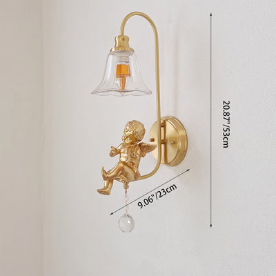 Contemporary Scandinavian Brass Glass Resin Angel Round 1-Light Wall Sconce Lamp For Bedroom And Living Room