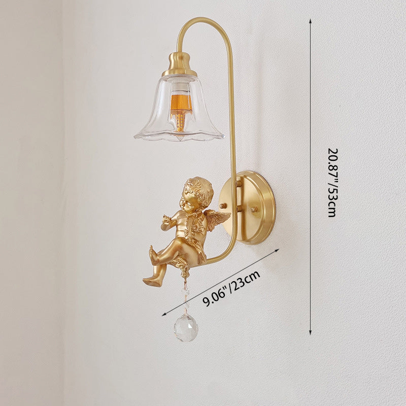 Contemporary Scandinavian Brass Glass Resin Angel Round 1-Light Wall Sconce Lamp For Bedroom And Living Room