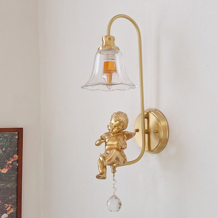 Contemporary Scandinavian Brass Glass Resin Angel Round 1-Light Wall Sconce Lamp For Bedroom And Living Room