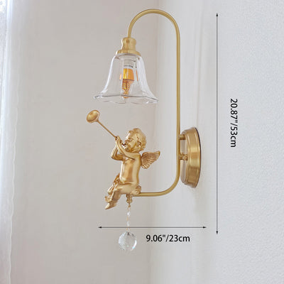 Contemporary Scandinavian Brass Glass Resin Angel Round 1-Light Wall Sconce Lamp For Bedroom And Living Room