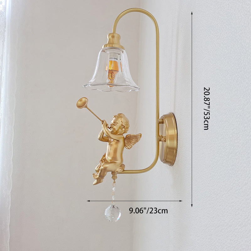 Contemporary Scandinavian Brass Glass Resin Angel Round 1-Light Wall Sconce Lamp For Bedroom And Living Room