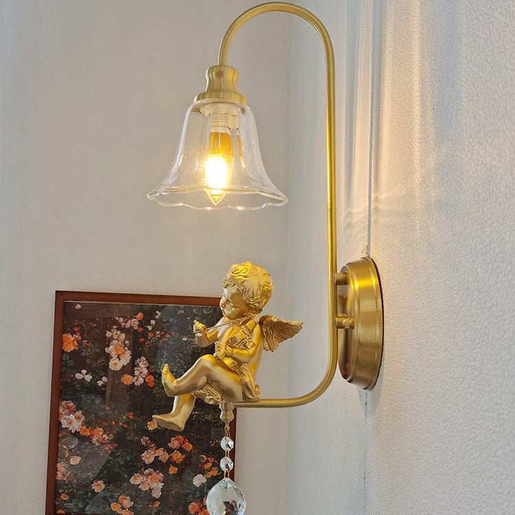 Contemporary Scandinavian Brass Glass Resin Angel Round 1-Light Wall Sconce Lamp For Bedroom And Living Room