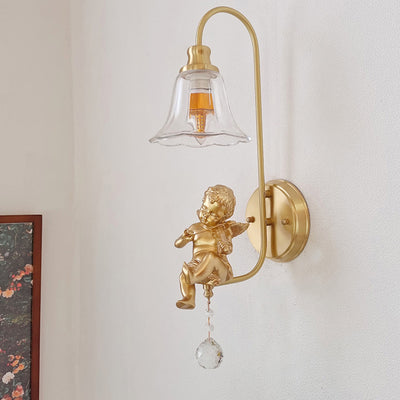 Contemporary Scandinavian Brass Glass Resin Angel Round 1-Light Wall Sconce Lamp For Bedroom And Living Room