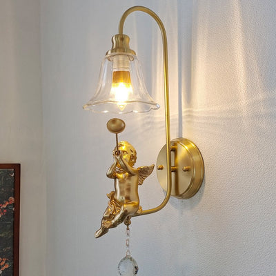 Contemporary Scandinavian Brass Glass Resin Angel Round 1-Light Wall Sconce Lamp For Bedroom And Living Room