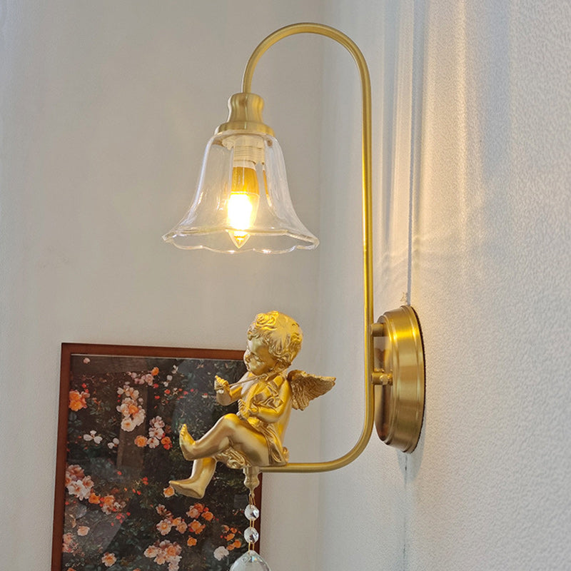 Contemporary Scandinavian Brass Glass Resin Angel Round 1-Light Wall Sconce Lamp For Bedroom And Living Room