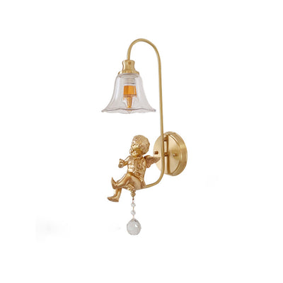 Contemporary Scandinavian Brass Glass Resin Angel Round 1-Light Wall Sconce Lamp For Bedroom And Living Room