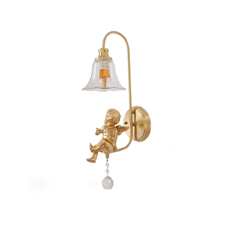 Contemporary Scandinavian Brass Glass Resin Angel Round 1-Light Wall Sconce Lamp For Bedroom And Living Room