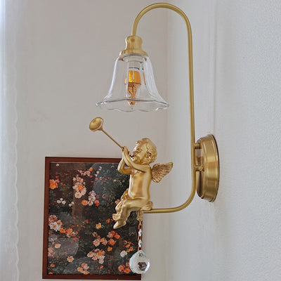 Contemporary Scandinavian Brass Glass Resin Angel Round 1-Light Wall Sconce Lamp For Bedroom And Living Room