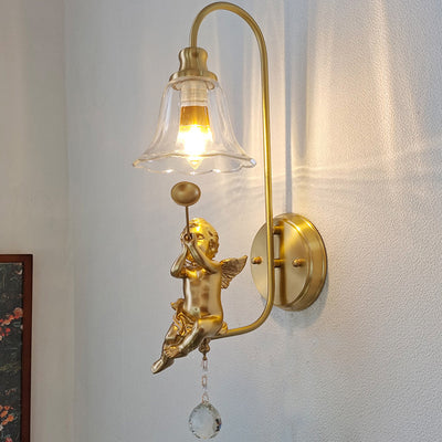 Contemporary Scandinavian Brass Glass Resin Angel Round 1-Light Wall Sconce Lamp For Bedroom And Living Room