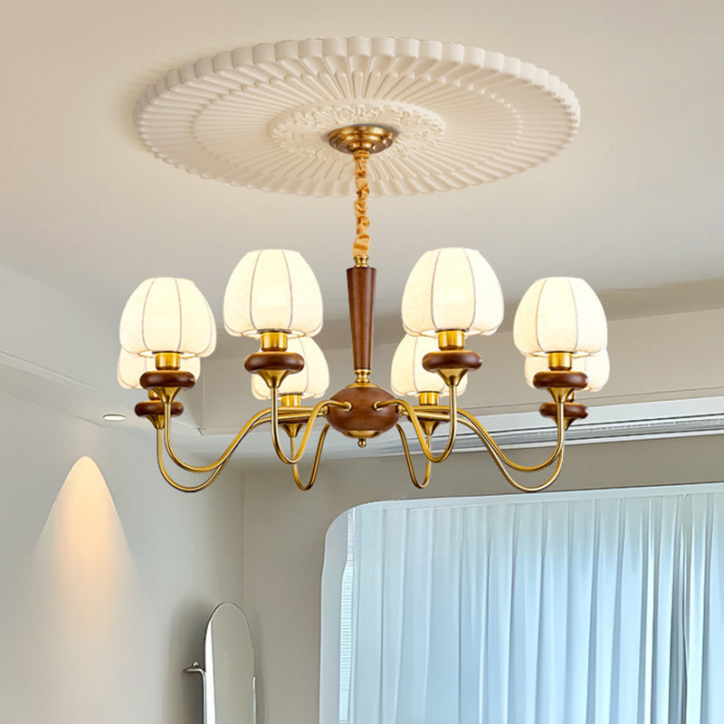 Traditional French Fabric Wood Iron Curved Branch 3/6/8 Lights Chandelier For Bedroom And Living Room