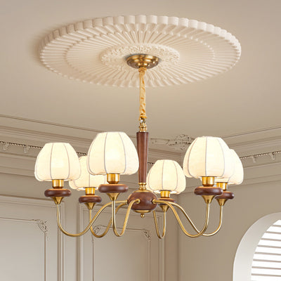 Traditional French Fabric Wood Iron Curved Branch 3/6/8 Lights Chandelier For Bedroom And Living Room
