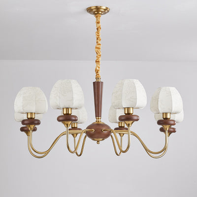 Traditional French Fabric Wood Iron Curved Branch 3/6/8 Lights Chandelier For Bedroom And Living Room