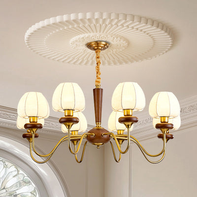 Traditional French Fabric Wood Iron Curved Branch 3/6/8 Lights Chandelier For Bedroom And Living Room