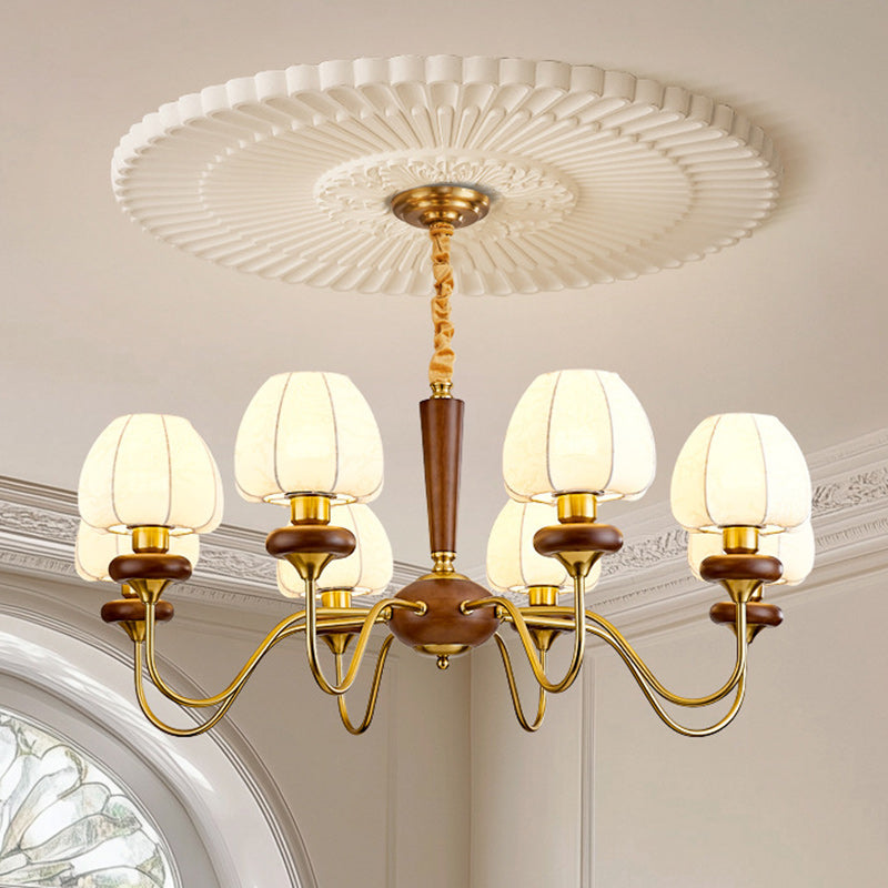 Traditional French Fabric Wood Iron Curved Branch 3/6/8 Lights Chandelier For Bedroom And Living Room