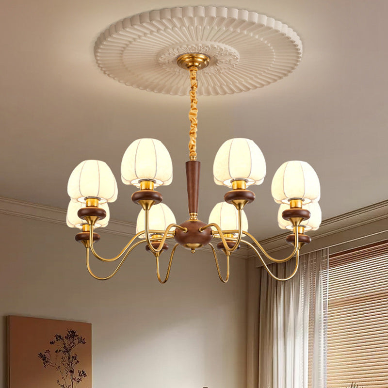 Traditional French Fabric Wood Iron Curved Branch 3/6/8 Lights Chandelier For Bedroom And Living Room
