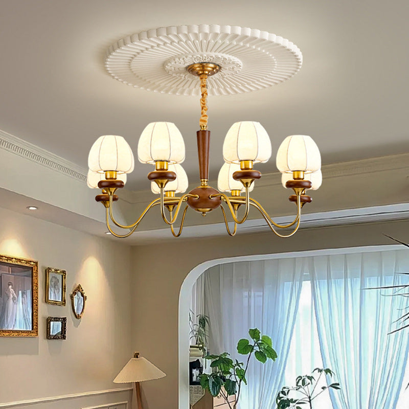 Traditional French Fabric Wood Iron Curved Branch 3/6/8 Lights Chandelier For Bedroom And Living Room