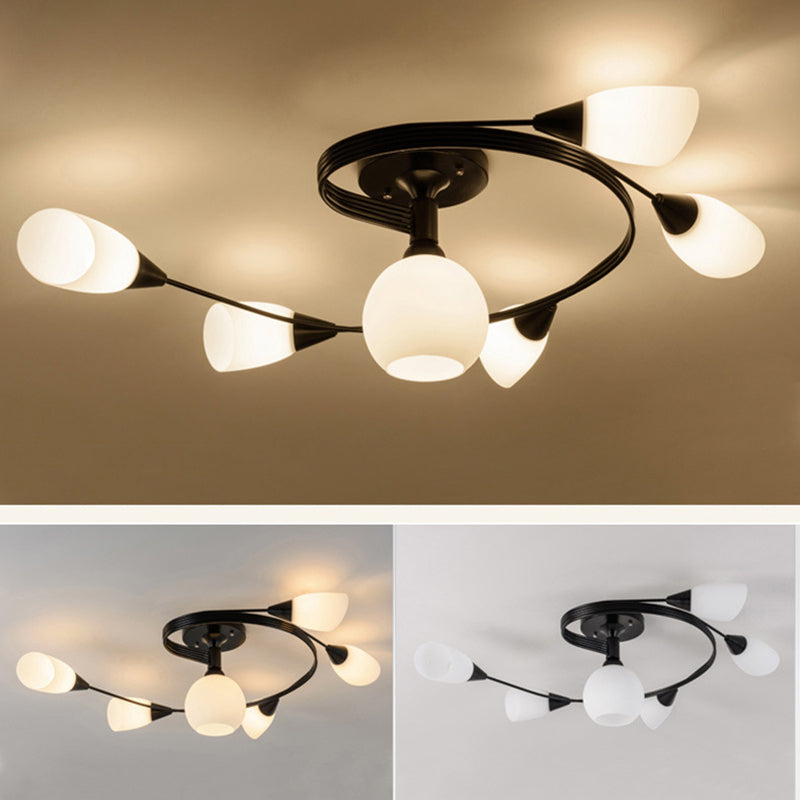 Contemporary Scandinavian Glass Iron Circular Floral Bud 4/6 Lights Semi-Flush Mount Ceiling Light For Bedroom And Living Room