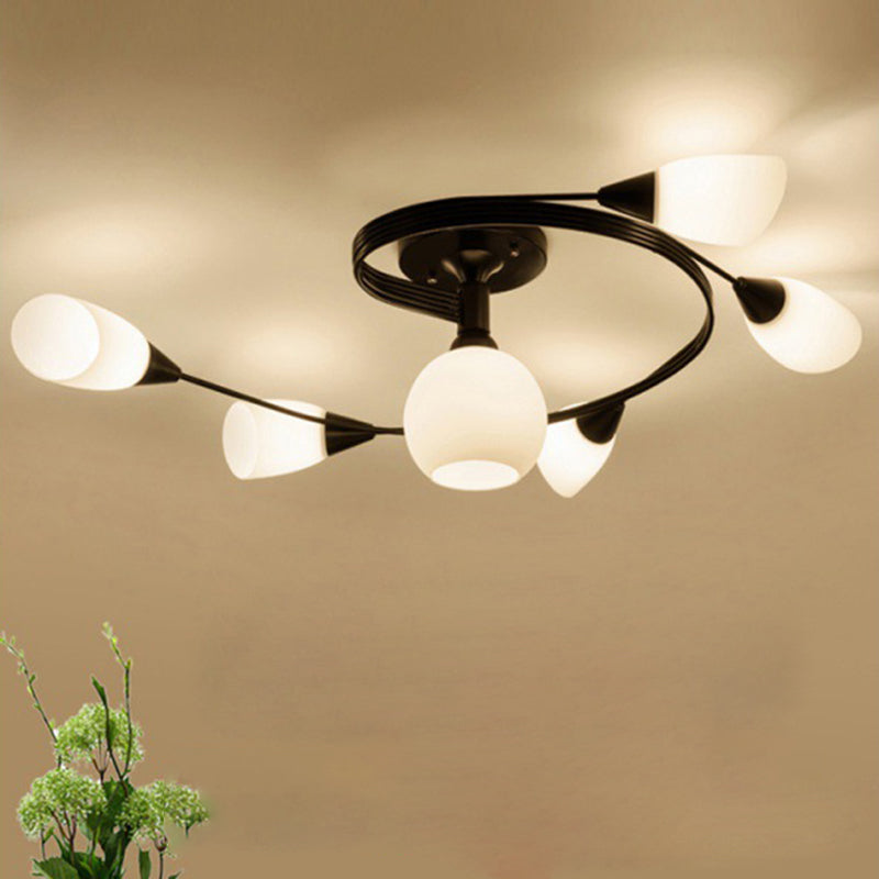 Contemporary Scandinavian Glass Iron Circular Floral Bud 4/6 Lights Semi-Flush Mount Ceiling Light For Bedroom And Living Room