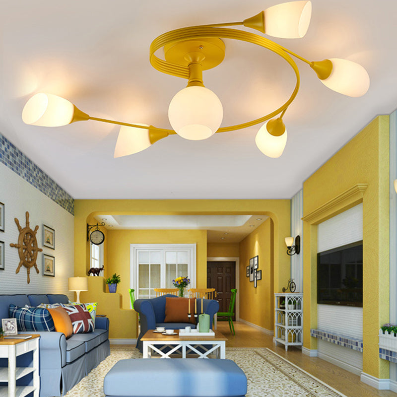 Contemporary Scandinavian Glass Iron Circular Floral Bud 4/6 Lights Semi-Flush Mount Ceiling Light For Bedroom And Living Room
