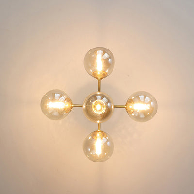 Contemporary Scandinavian Brass Glass Branching Globe 3/5 Lights Semi-Flush Mount Ceiling Light For Bedroom And Living Room