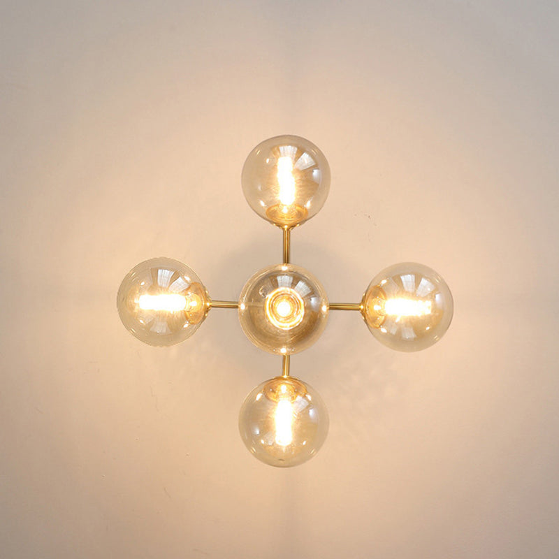 Contemporary Scandinavian Brass Glass Branching Globe 3/5 Lights Semi-Flush Mount Ceiling Light For Bedroom And Living Room