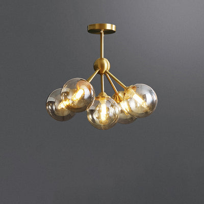 Contemporary Scandinavian Brass Glass Branching Globe 3/5 Lights Semi-Flush Mount Ceiling Light For Bedroom And Living Room