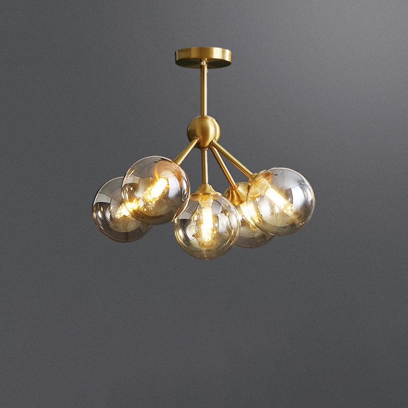 Contemporary Scandinavian Brass Glass Branching Globe 3/5 Lights Semi-Flush Mount Ceiling Light For Bedroom And Living Room