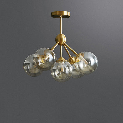 Contemporary Scandinavian Brass Glass Branching Globe 3/5 Lights Semi-Flush Mount Ceiling Light For Bedroom And Living Room