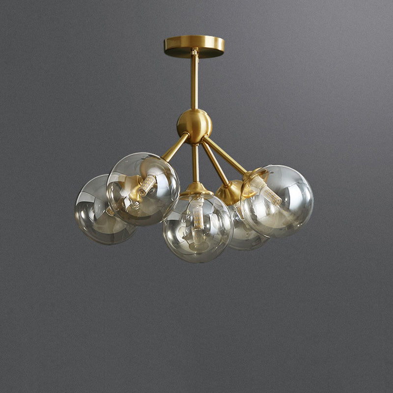 Contemporary Scandinavian Brass Glass Branching Globe 3/5 Lights Semi-Flush Mount Ceiling Light For Bedroom And Living Room