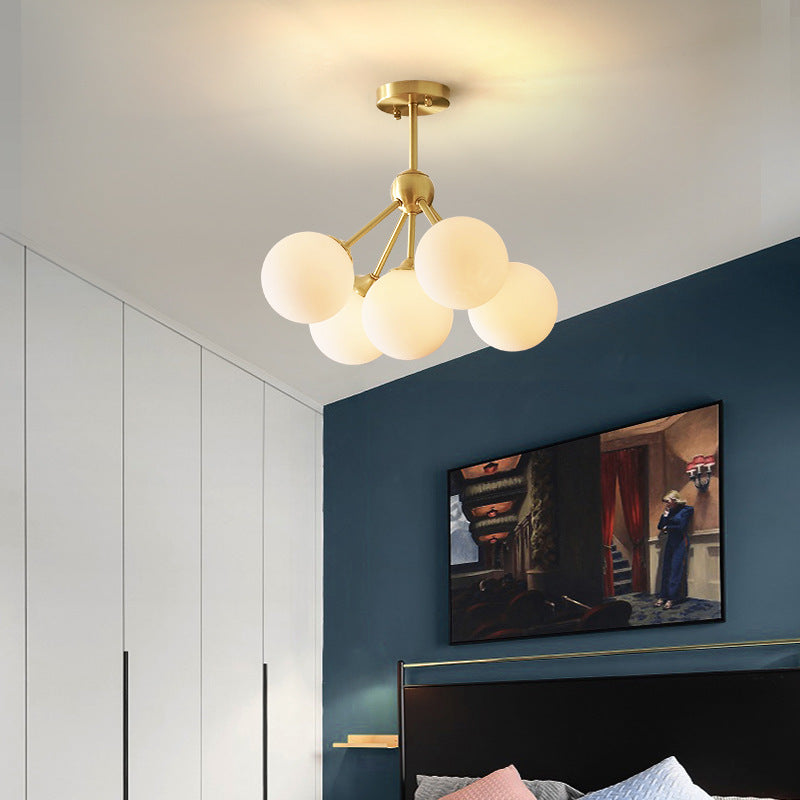 Contemporary Scandinavian Brass Glass Branching Globe 3/5 Lights Semi-Flush Mount Ceiling Light For Bedroom And Living Room