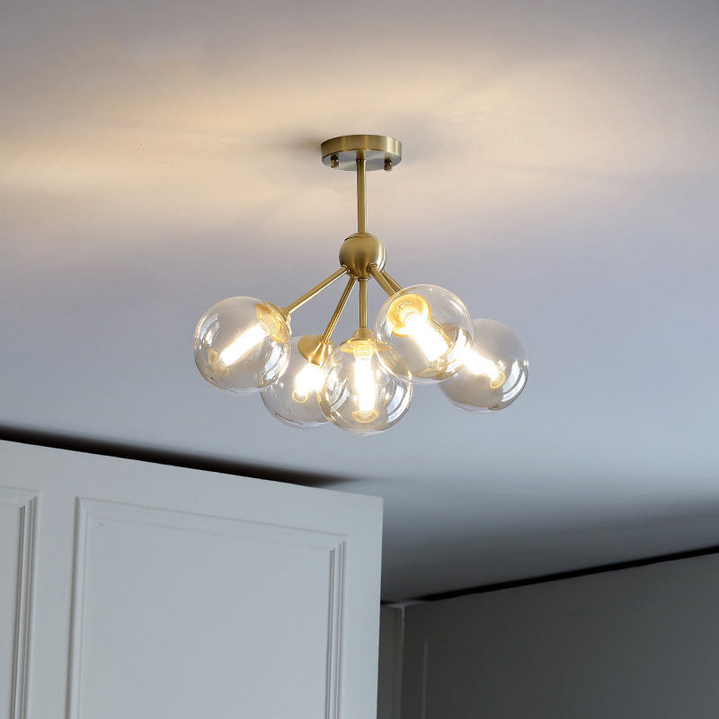 Contemporary Scandinavian Brass Glass Branching Globe 3/5 Lights Semi-Flush Mount Ceiling Light For Bedroom And Living Room