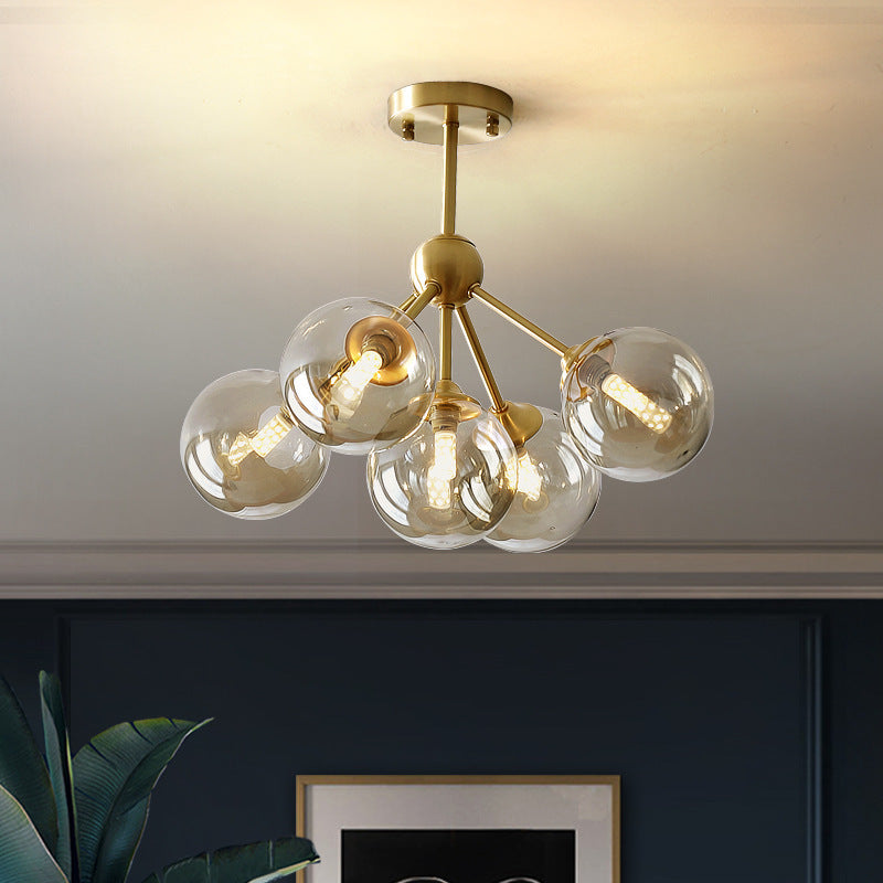 Contemporary Scandinavian Brass Glass Branching Globe 3/5 Lights Semi-Flush Mount Ceiling Light For Bedroom And Living Room