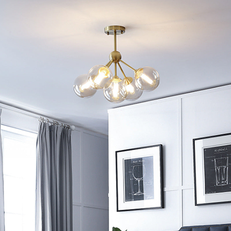 Contemporary Scandinavian Brass Glass Branching Globe 3/5 Lights Semi-Flush Mount Ceiling Light For Bedroom And Living Room