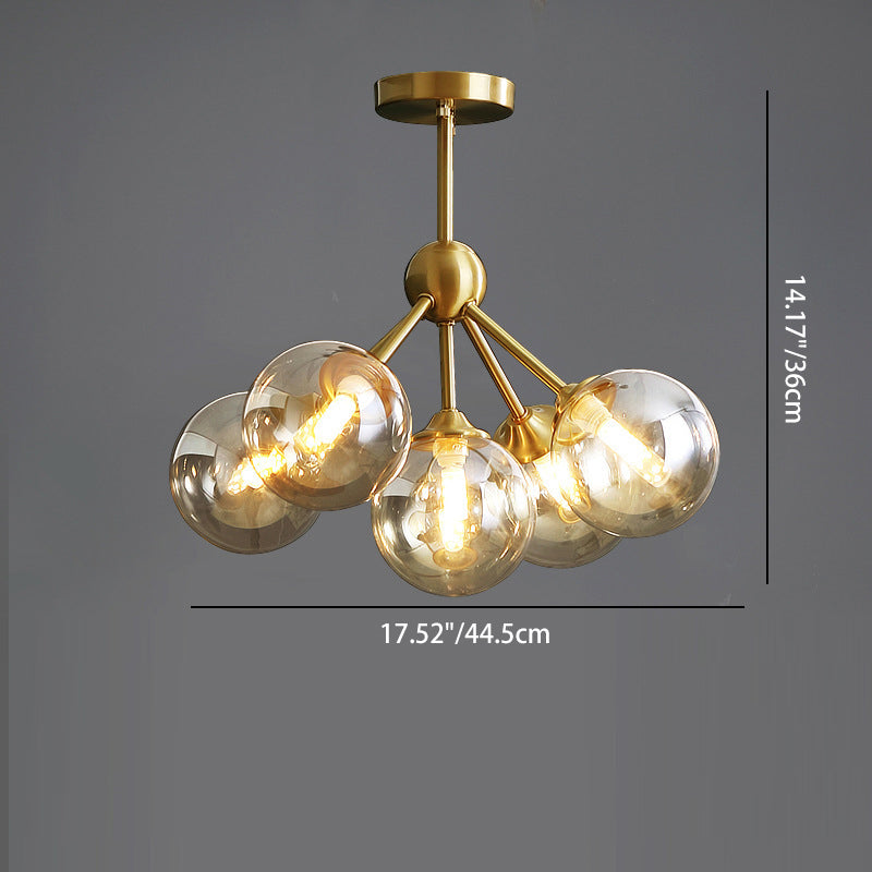 Contemporary Scandinavian Brass Glass Branching Globe 3/5 Lights Semi-Flush Mount Ceiling Light For Bedroom And Living Room