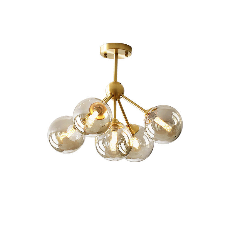 Contemporary Scandinavian Brass Glass Branching Globe 3/5 Lights Semi-Flush Mount Ceiling Light For Bedroom And Living Room