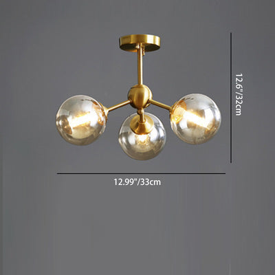 Contemporary Scandinavian Brass Glass Branching Globe 3/5 Lights Semi-Flush Mount Ceiling Light For Bedroom And Living Room