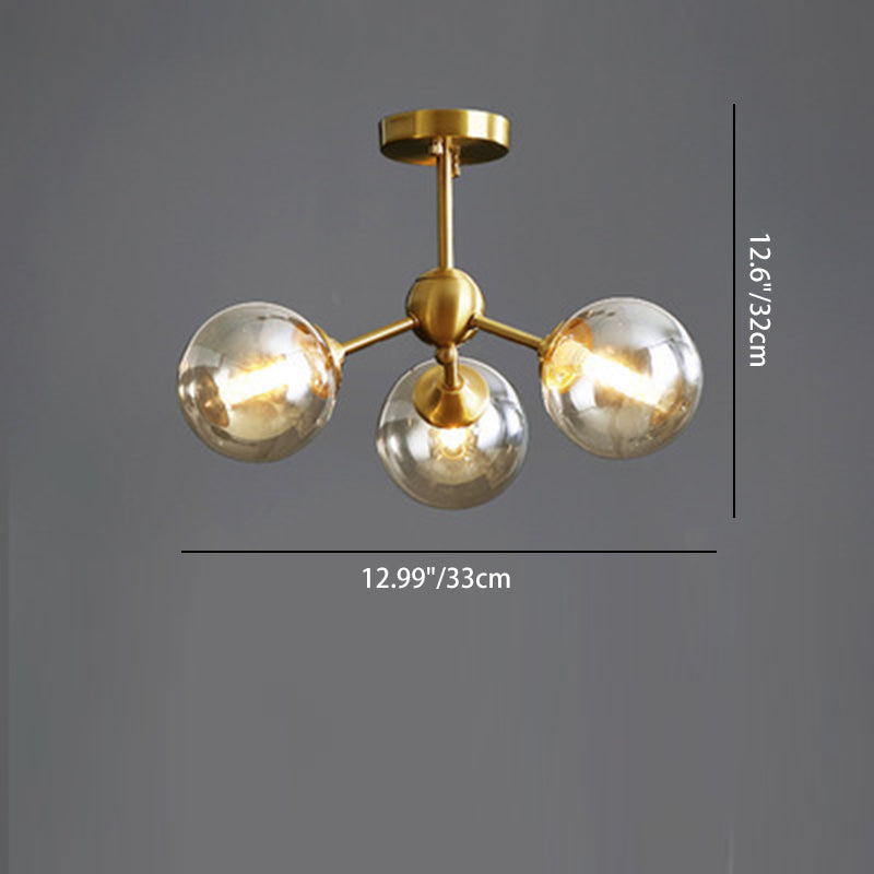 Contemporary Scandinavian Brass Glass Branching Globe 3/5 Lights Semi-Flush Mount Ceiling Light For Bedroom And Living Room