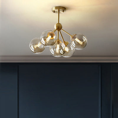 Contemporary Scandinavian Brass Glass Branching Globe 3/5 Lights Semi-Flush Mount Ceiling Light For Bedroom And Living Room