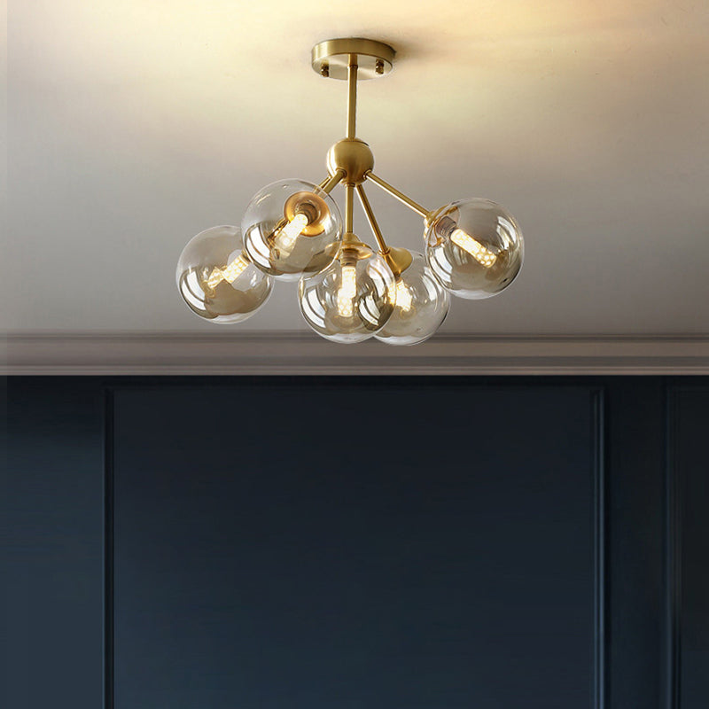 Contemporary Scandinavian Brass Glass Branching Globe 3/5 Lights Semi-Flush Mount Ceiling Light For Bedroom And Living Room